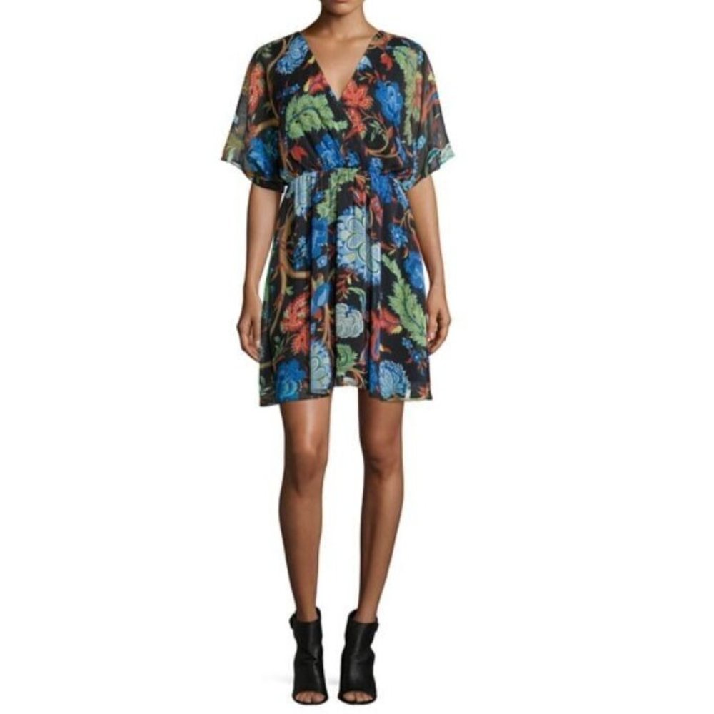 Alice + Olivia Cay Dress Black Floral Mini Size 2 V Neck Short Sleeve Babydoll - Picture 3 of 5